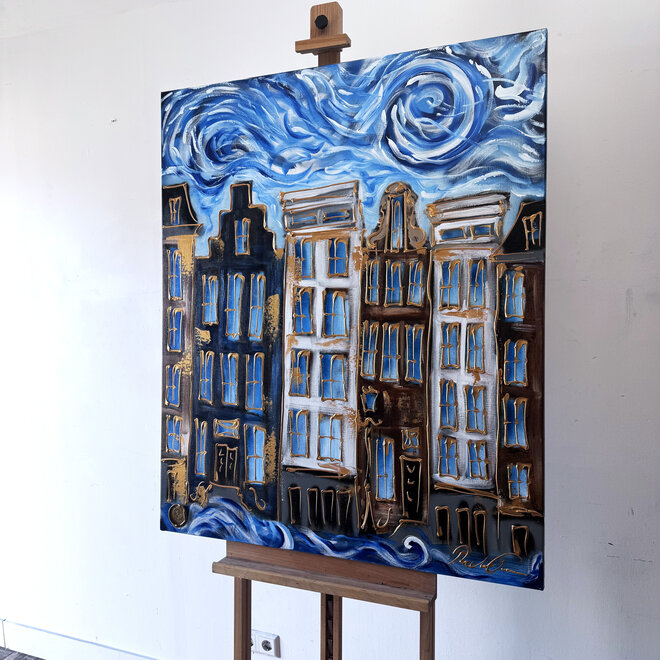 Schilderij- 100x120 - Rick Triest - Amsterdam Herengracht -Blue & Gold #152