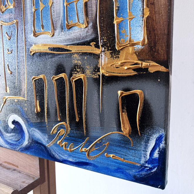 Schilderij- 100x120 - Rick Triest - Amsterdam Herengracht -Blue & Gold #152