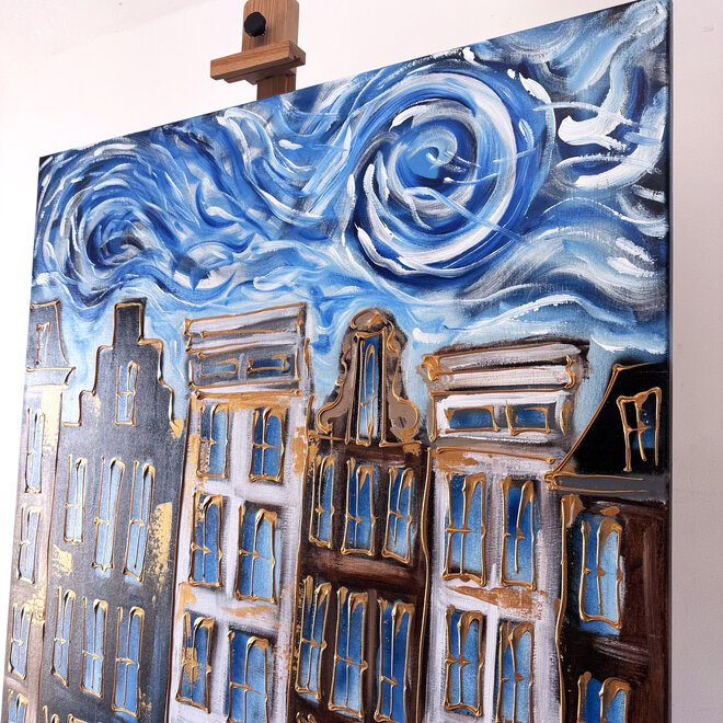 Schilderij- 100x120 - Rick Triest - Amsterdam Herengracht -Blue & Gold #152
