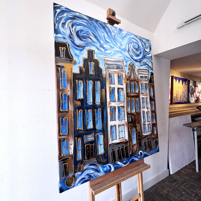 Schilderij- 100x120 - Rick Triest - Amsterdam Herengracht -Blue & Gold #152