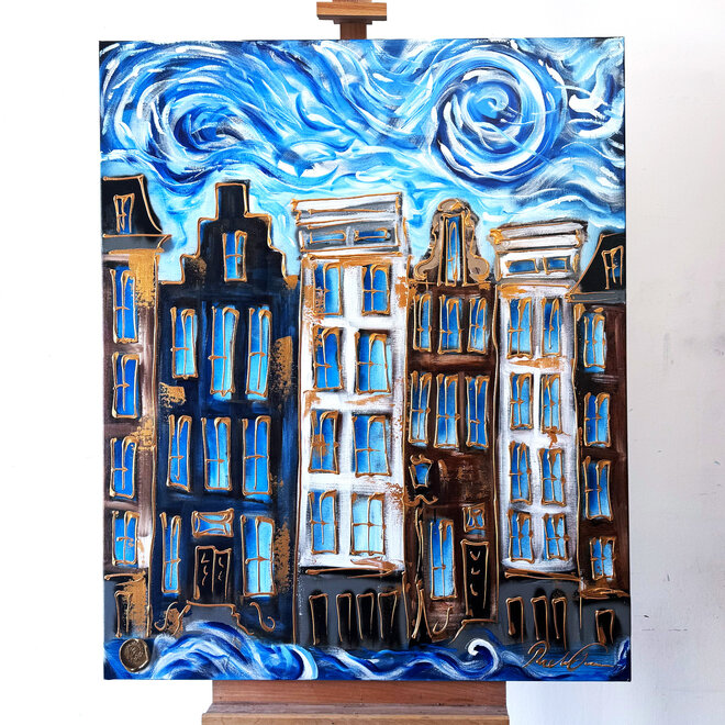Schilderij - 100x120 - Amsterdam Herengracht -Blue & Gold #152