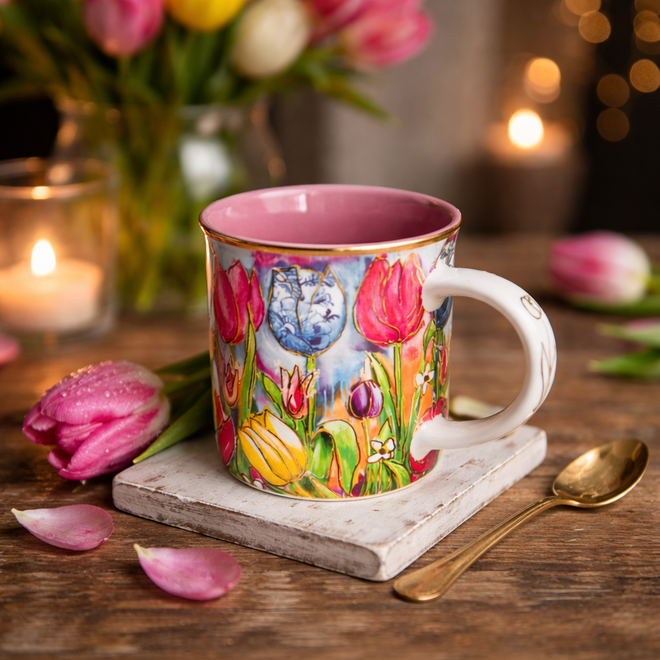 Designed by Rick Triest  TS Collection - Giftbox beker Dutch Beauty spring roze D13x9 H10 - 320 ml