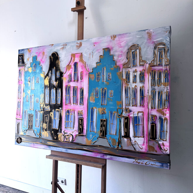 Schilderij- 100x150cm - Rick Triest - Amsterdam Prinsengracht -Blue & Gold #pink