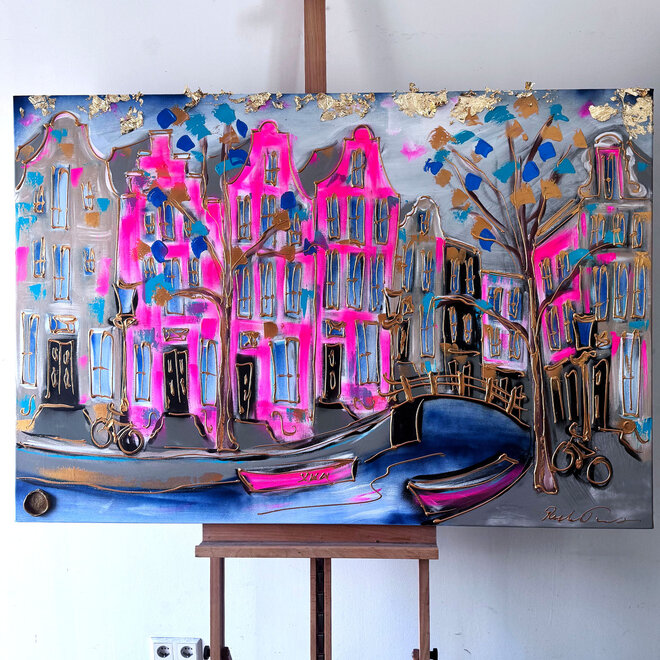 Schilderij- 100x150cm - Amsterdam Prinsengracht -Blue & Gold #pink 2