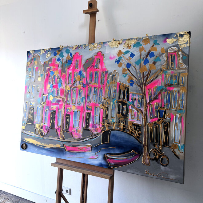 Painting- 100x150cm - Rick Triest - Amsterdam Prinsengracht -Blue & Gold #pink 2