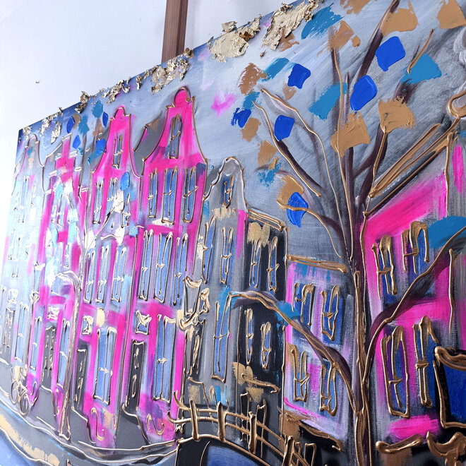 Painting- 100x150cm - Rick Triest - Amsterdam Prinsengracht -Blue & Gold #pink 2