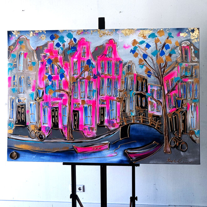 Schilderij- 100x150cm - Amsterdam Prinsengracht -Blue & Gold #pink 2