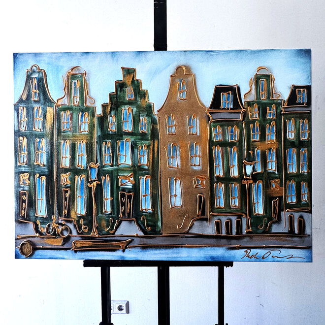 Schilderij- 80x120x4,5 cm - Amsterdam Herengracht - Blue & Gold #152