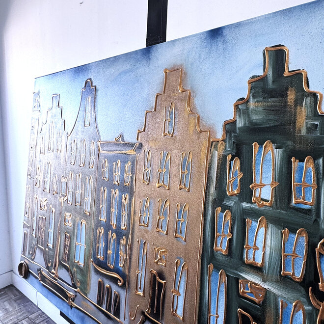 Schilderij- 80x120x4,5 cm - Rick Triest - Amsterdam Herengracht - Blue & Gold #153