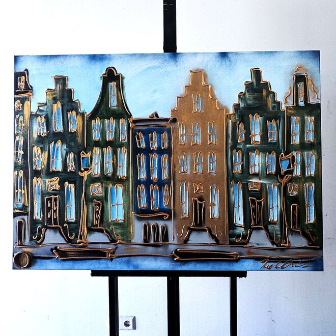 Schilderij- 80x120x4,5 cm - Rick Triest - Amsterdam Herengracht - Blue & Gold #153