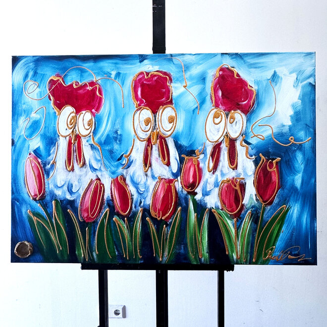 Painting  -80x120 cm - Hollandse kippen met tulpen #1