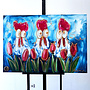 Schilderij - 80x120 cm - Rick Triest -  Hollandse kippen met tulpen #1