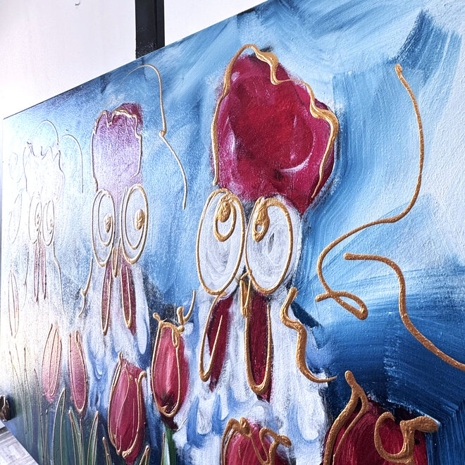 Painting  - 80x120 cm - Rick Triest -  Hollandse kippen met tulpen #1