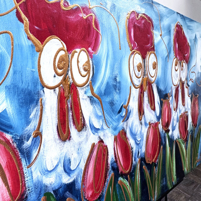 Schilderij - 80x120 cm - Rick Triest -  Hollandse kippen met tulpen #1