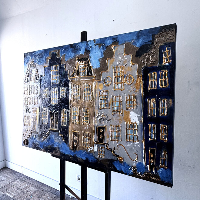 Schilderij- 100x150cm - Rick Triest - Amsterdam Herengracht -Blue & Gold #308