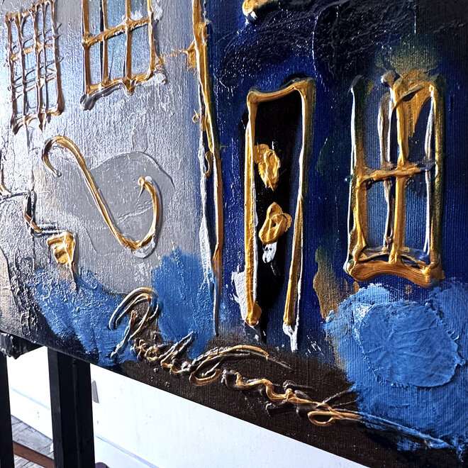 Schilderij- 100x150cm - Rick Triest - Amsterdam Herengracht -Blue & Gold #308