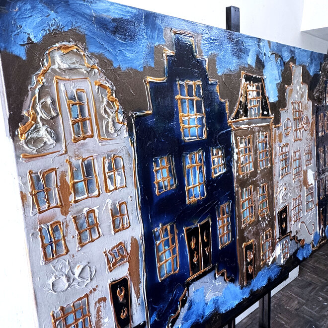 Schilderij- 100x150cm - Rick Triest - Amsterdam Herengracht -Blue & Gold #308