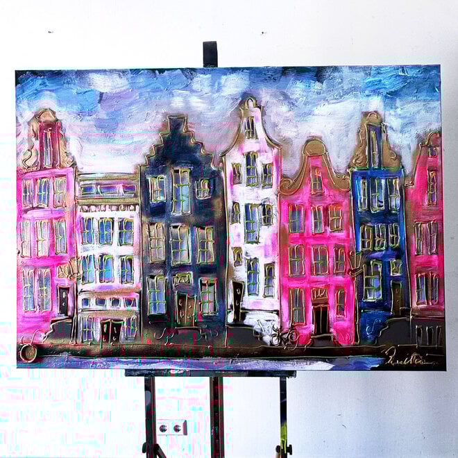 Schilderij- 100x150cm - Amsterdam Herengracht -Blue & Gold #309