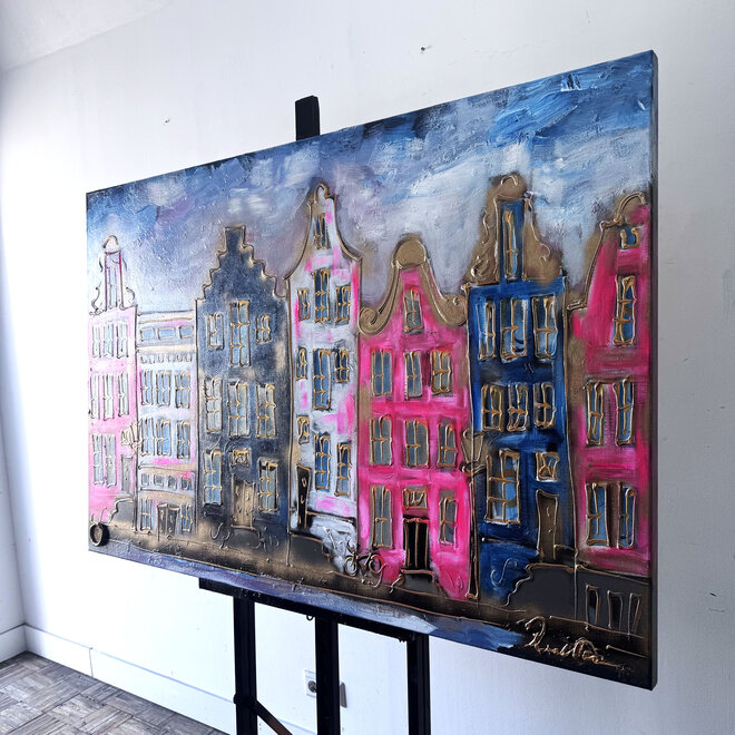 Schilderij- 100x150cm - Rick Triest - Amsterdam Herengracht -Blue & Gold #309
