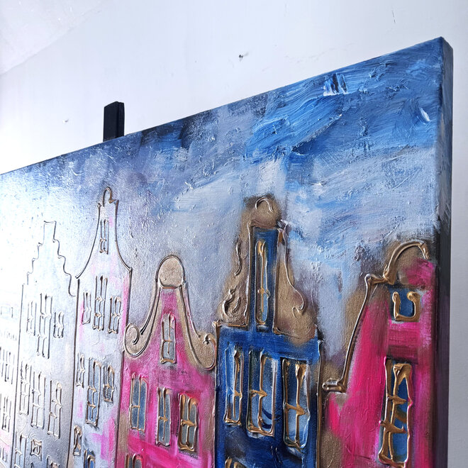 Schilderij- 100x150cm - Rick Triest - Amsterdam Herengracht -Blue & Gold #309