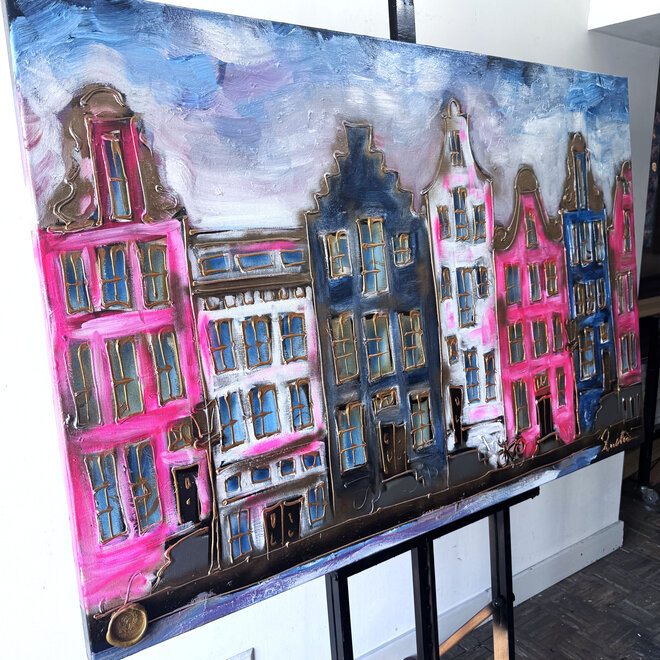 Schilderij- 100x150cm - Rick Triest - Amsterdam Herengracht -Blue & Gold #309