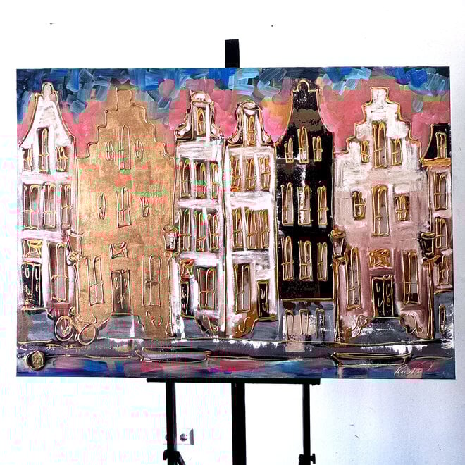 Schilderij- 100x150cm - Amsterdam Herengracht -Blue & Gold #310
