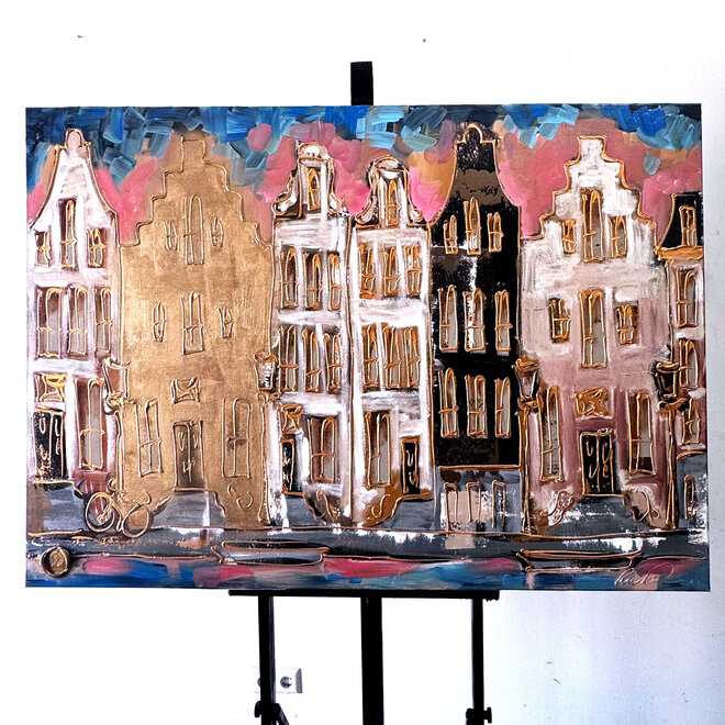 Schilderij- 100x150cm - Rick Triest - Amsterdam Herengracht -Blue & Gold #310