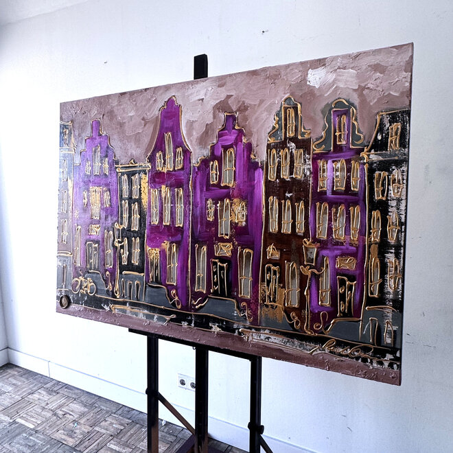 Schilderij- 100x150cm - Rick Triest - Amsterdam Herengracht -Blue & Gold -magenta