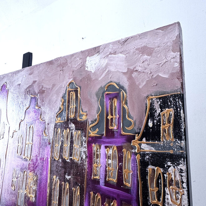 Schilderij- 100x150cm - Rick Triest - Amsterdam Herengracht -Blue & Gold -magenta