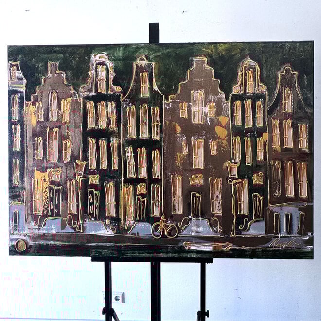 Schilderij- 100x150cm - Amsterdam Herengracht -Blue & Gold -green