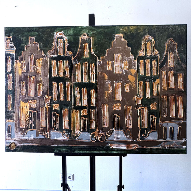 Schilderij- 100x150cm - Rick Triest - Amsterdam Herengracht -Blue & Gold  -green