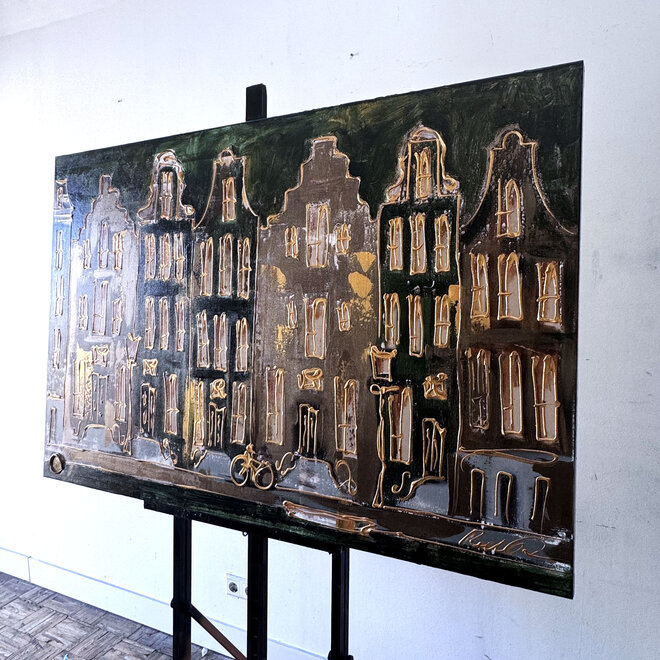 Schilderij- 100x150cm - Rick Triest - Amsterdam Herengracht -Blue & Gold  -green