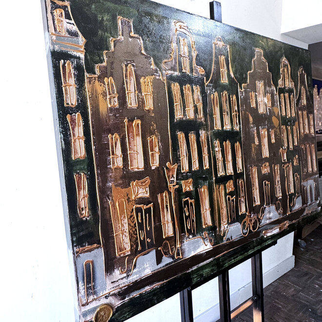 Schilderij- 100x150cm - Rick Triest - Amsterdam Herengracht -Blue & Gold  -green