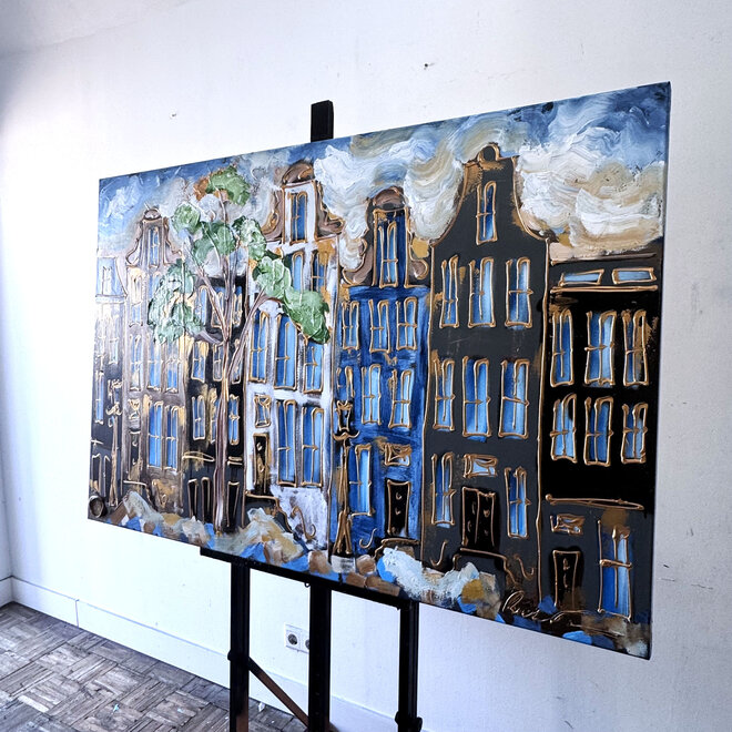 Schilderij- 100x150cm - Rick Triest - Amsterdam Herengracht -Sky Blue and Gold #1