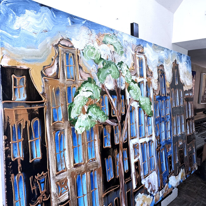 Painting- 100x150cm - Rick Triest - Amsterdam Herengracht -Sky Blue and Gold #1
