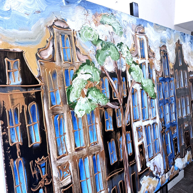 Painting- 100x150cm - Rick Triest - Amsterdam Herengracht -Sky Blue and Gold #1
