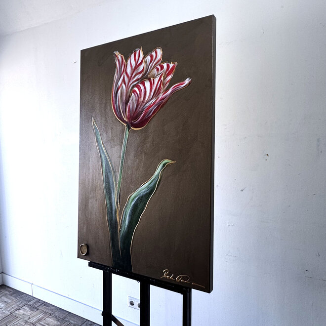 Schilderij - 80x120 cm - Rick Triest -  XL delft tulp - crimson and bronze paint