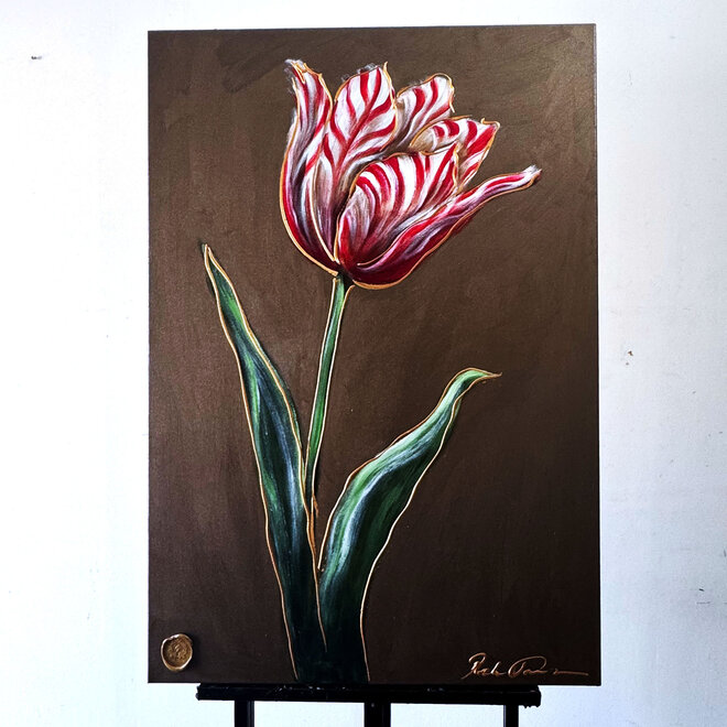 Schilderij - 80x120 cm - Rick Triest -  XL delft tulp - crimson and bronze paint