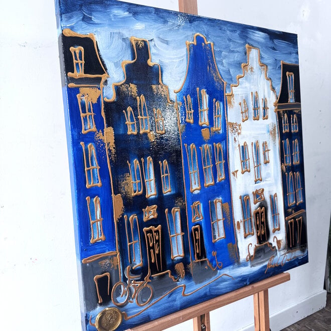 Schilderij- Rick Triest - 80x80 cm  - Amsterdam Signature Gold Series - Blue & Gold # 228