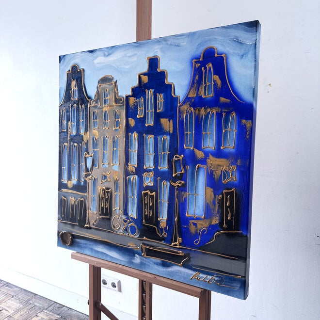 Schilderij- Rick Triest - 80x80 cm  - Amsterdam Signature Gold Series - Blue & Gold # 227