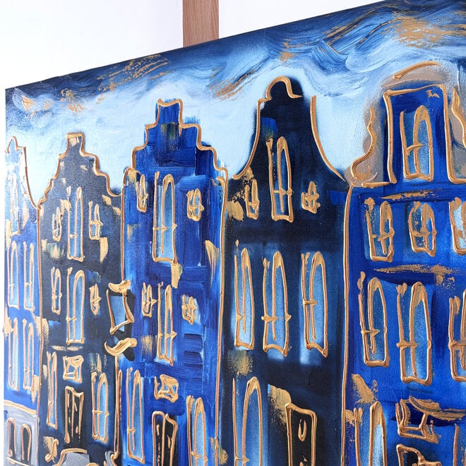 Schilderij- Rick Triest - 80x80 cm  - Amsterdam Signature Gold Series - Blue & Gold # 223