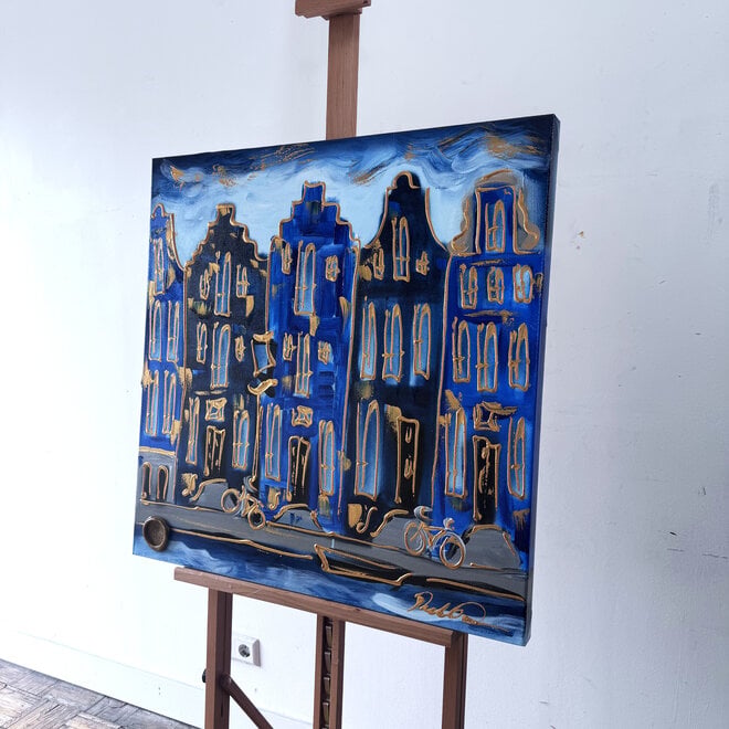 Schilderij- Rick Triest - 80x80 cm  - Amsterdam Signature Gold Series - Blue & Gold # 223