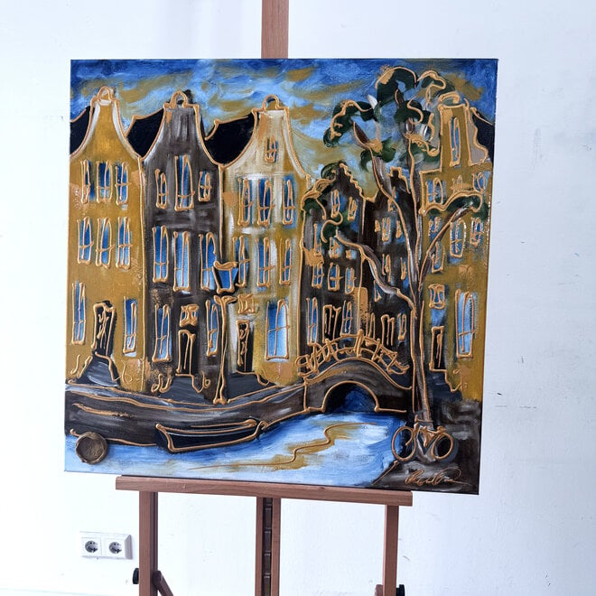 Schilderij- Rick Triest - 80x80 cm  - Amsterdam Signature Gold Series - Blue & Gold # 230