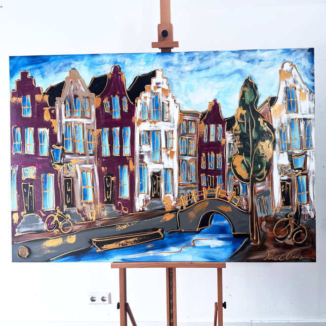 Schilderij- 100x150cm - Amsterdam Herengracht -Blue & Gold #286 - Burgundy