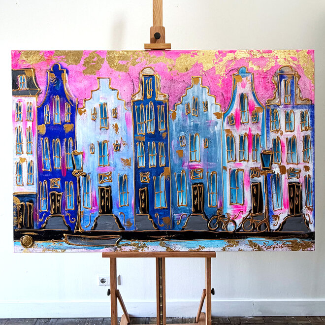 Painting - Rick Triest - 100x150 cm - Amsterdam Signature Gold Series - Prinsengracht - Blue & Gold # 1235
