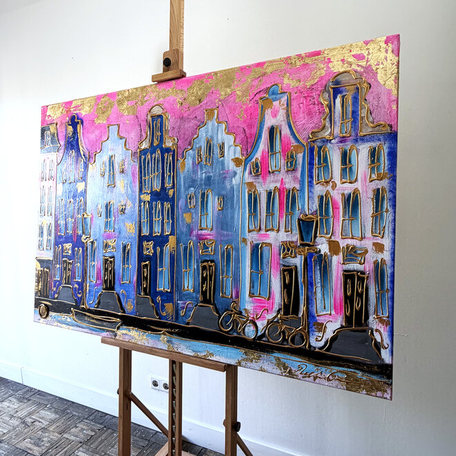 Schilderij- Rick Triest - 100x150 cm - Amsterdam Signature Gold Series - Prinsengracht - Blue & Gold # 1235