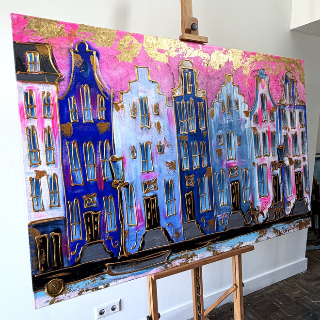 Painting - Rick Triest - 100x150 cm - Amsterdam Signature Gold Series - Prinsengracht - Blue & Gold # 1235