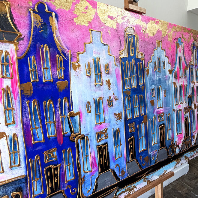 Painting - Rick Triest - 100x150 cm - Amsterdam Signature Gold Series - Prinsengracht - Blue & Gold # 1235