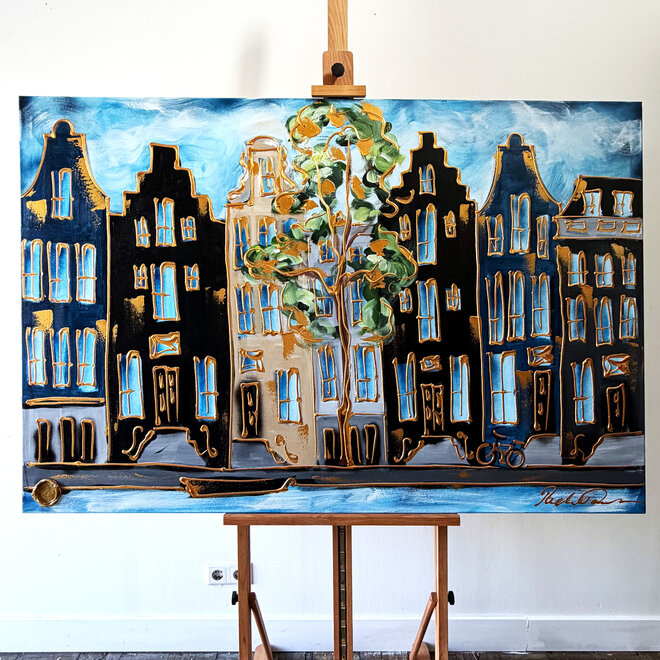 Schilderij- Rick Triest - 100x150 cm - Amsterdam Signature Gold Series - Prinsengracht - Blue & Gold # 1236