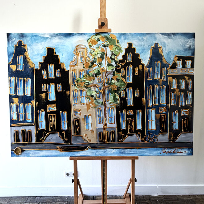 Painting - Rick Triest - 100x150 cm - Amsterdam Signature Gold Series - Prinsengracht - Blue & Gold # 1236